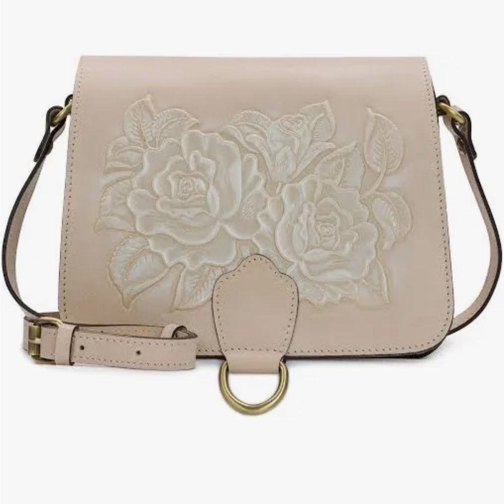Patricia Nash Blush Floral Tooled Leather Crossbody with Gold Ring